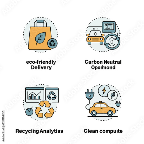 EcoFriendly Delivery Carbon Neutral Operation Recycling Analytics and Clean Compute Icons.