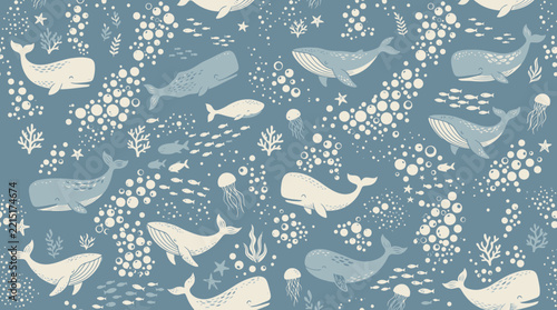 Whale Ocean Pattern, Blue and White, Sea Life, Marine Animals, Seamless