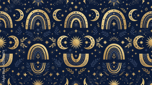 Bohemian Celestial Pattern: Golden Sun, Moon, Rainbows, Stars, Navy Background
