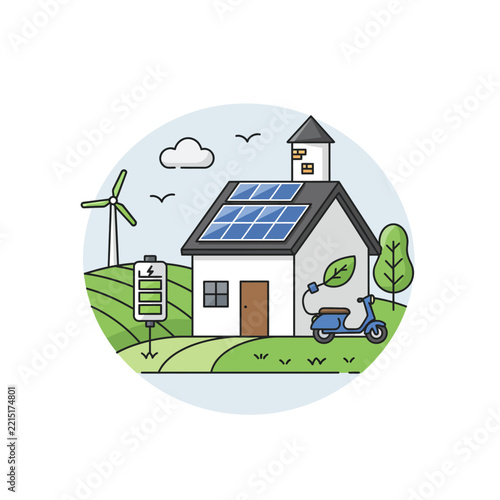 EcoFriendly Home with Solar Panels Wind Turbine and Electric Scooter.