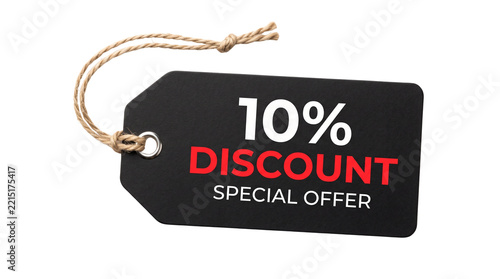 Fotografie 10% Discount Special Offer Black Price Tag with String, Retail Sale Promo Label