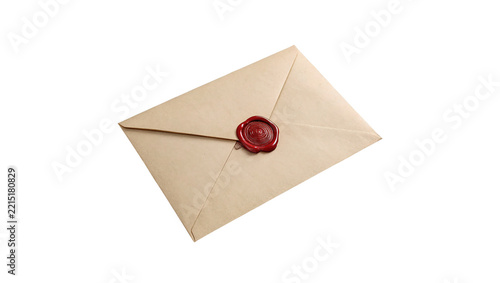 Blank craft paper envelope tied with string and red wax seal isolated on transparent background