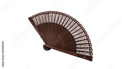 Fotografie Traditional antique brown wooden hand fan folding cooling accessory artifact iso