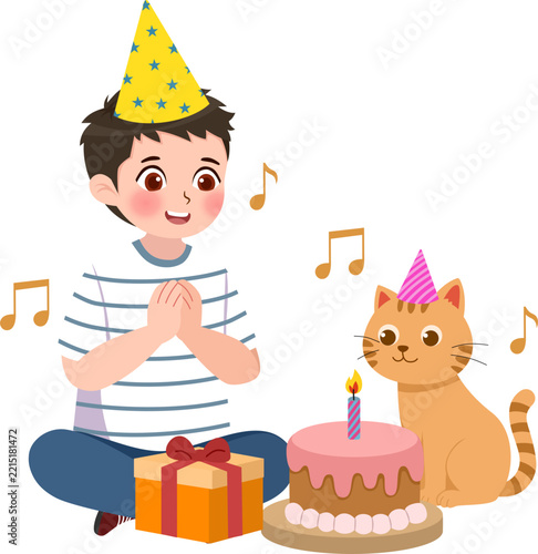 Happy boy wearing a birthday hat celebrates his birthday with a cat.