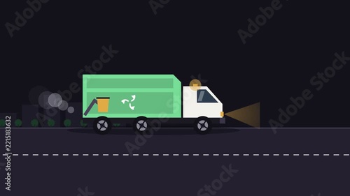2D flat animation of a recycling garbage truck emptying a trash bin while driving at night
