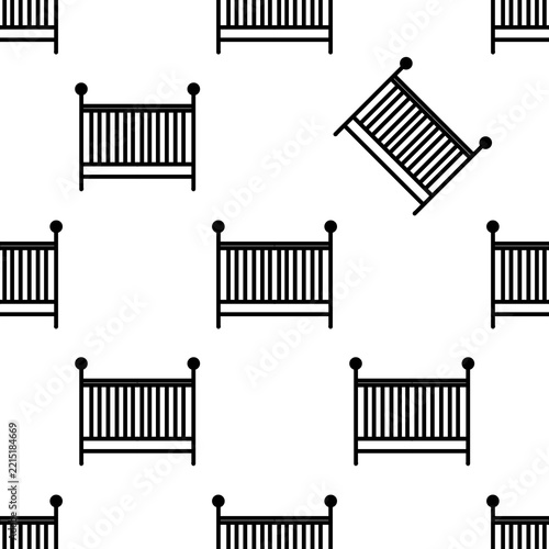 Seamless pattern of baby cribs, baby goods background, black