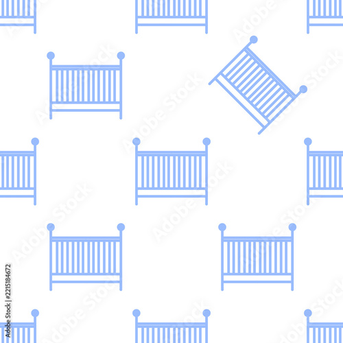 Seamless pattern of baby cribs, baby goods background, light blue