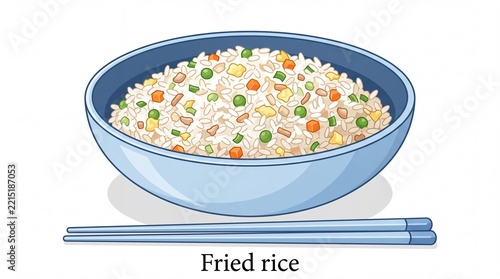 Delicious cartoon fried rice bowl illustration with fresh vegetables and chopsticks on white background