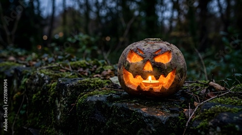 Carved turnip lantern glowing on a mossy stone wall for traditional calan gaeaf or halloween night perfect for calan gaeaf