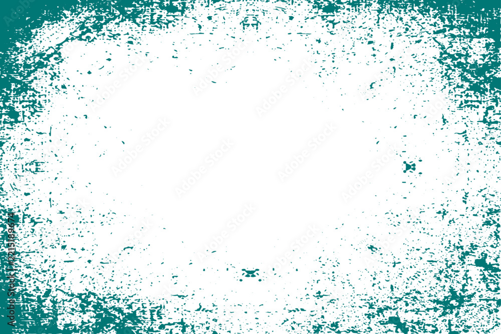 Obraz premium Abstract Teal Splatter Grunge Border: A gritty, distressed teal border with a speckled, grunge texture frames a bright white negative space, perfect for creative design or background applications.