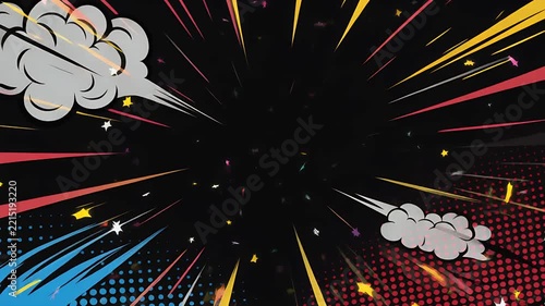 Explosive comic book style motion background with vibrant radial lines and confetti.