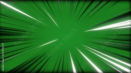 Explosive speed lines emanate from a central point on a green background