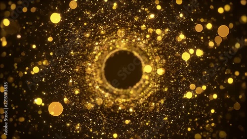 Golden particles swirl around a circular vortex.