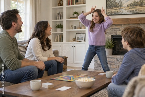 Family playing an active board game with a girl acting out a charade