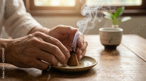 Senior Person Hands Lighting Palo Santo Wood Incense Cone for Spiritual Meditation Ritual and Mindful Relaxation Practice on Wooden Table at Home