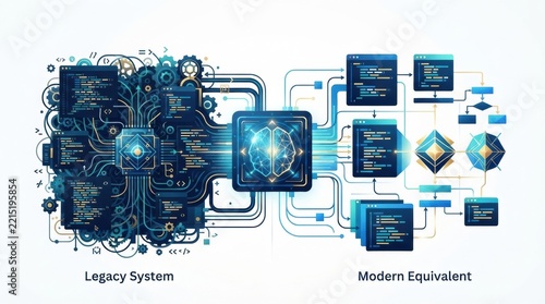 A programmer analyzes code from a legacy system alongside its modern equivalent in a tech workspace. The scene shows software development techniques.
