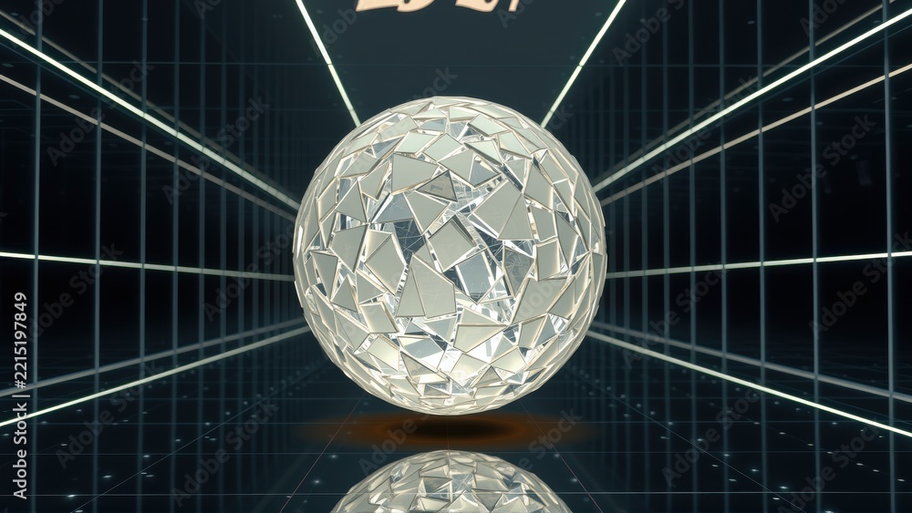 Fototapeta premium Bright sphere reflects light within dark geometric space. Mirror image below creates symmetry, futuristic feel.