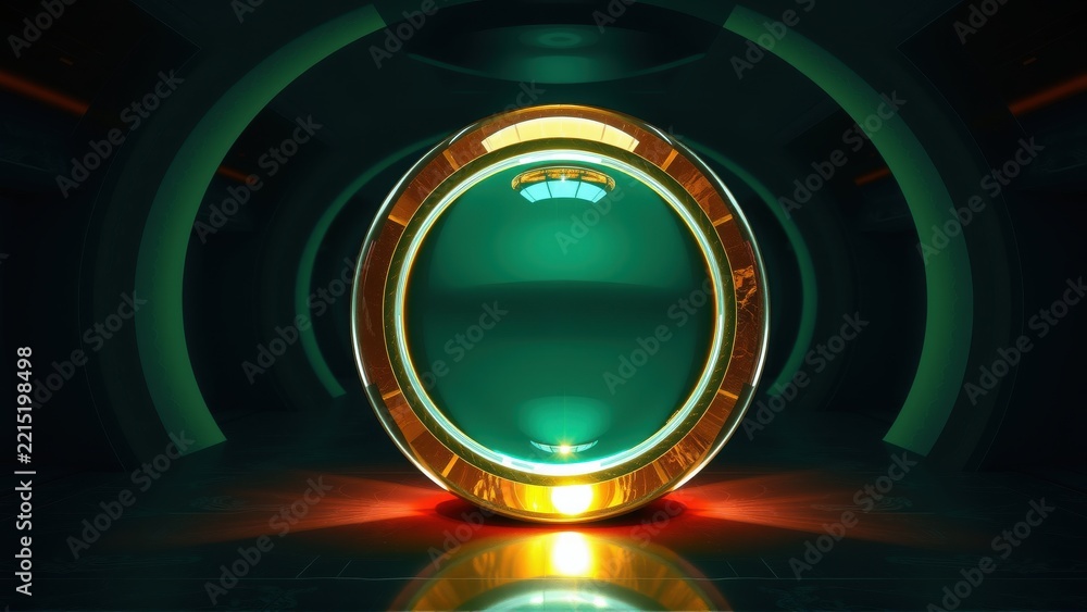 Fototapeta premium Futuristic portal glows brightly. Golden ring reflects light onto dark floor. Circular design dominates scene, creating depth.