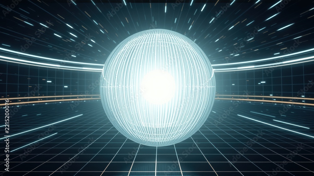 Fototapeta premium Bright sphere dominates dark digital space. Lines converge toward glowing center, creating futuristic tunnel effect. Grid floor adds depth.