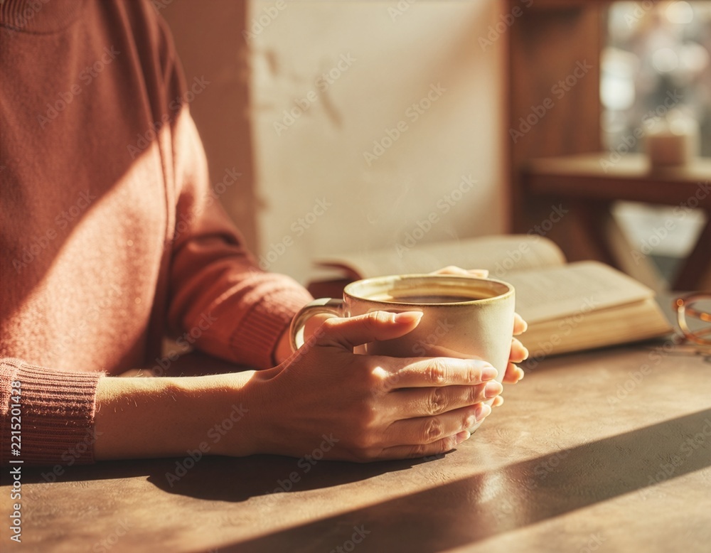 Fototapeta premium Hands Holding Warm Coffee Cup in Geometric Window Light