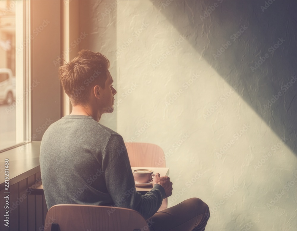 Fototapeta premium Person Sitting with Coffee by Window with Minimal Copy Space