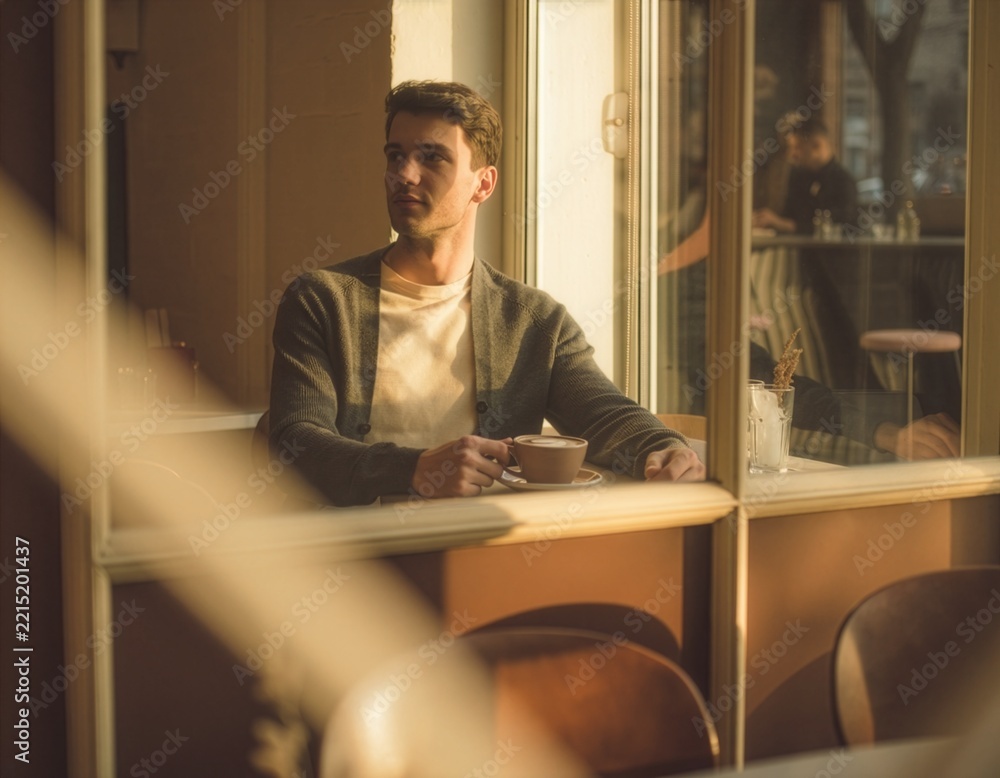 Fototapeta premium Quiet Cafe Portrait Reflected in Mirror with Afternoon Light