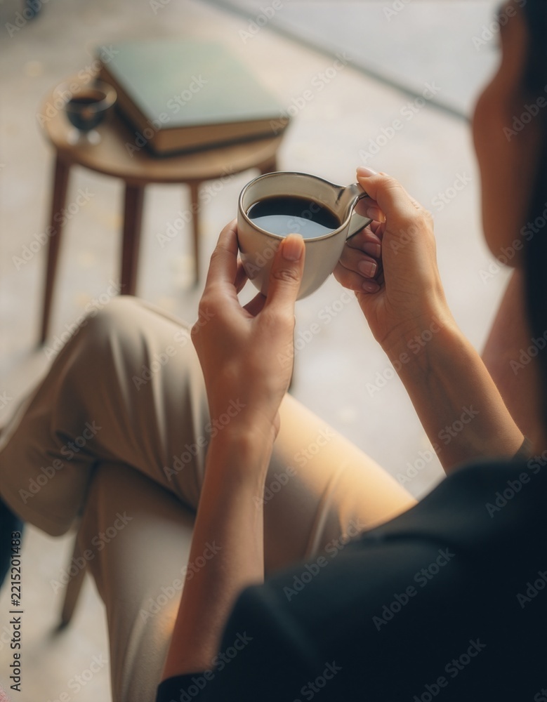 Fototapeta premium First Person View Holding Black Coffee in Minimal Cafe
