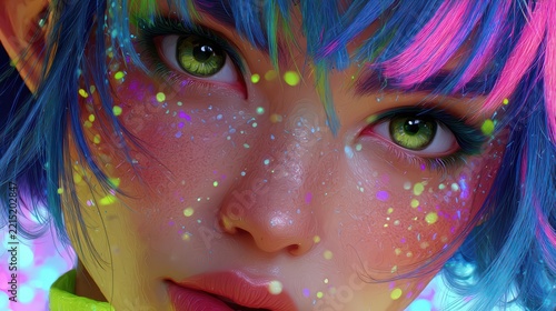 Elf girl portrait, vibrant neon fantasy colors, magical particles, ultra-detailed cute fantasy art 
