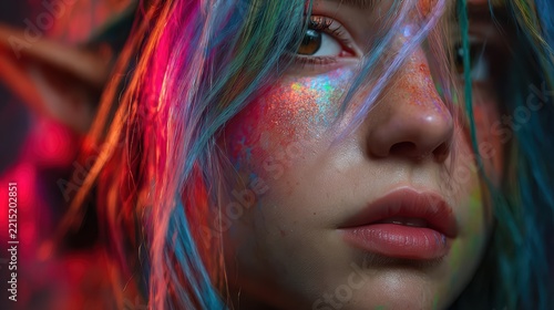 Elf girl portrait, vibrant neon fantasy colors, magical particles, ultra-detailed cute fantasy art 