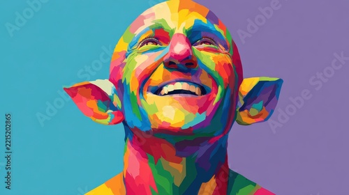 Elf with happy expression, vibrant rainbow color palette, clean minimal backdrop, fantasy illustration style