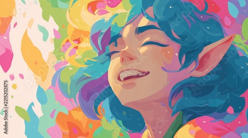 Elf with happy expression, vibrant rainbow color palette, clean minimal backdrop, fantasy illustration style