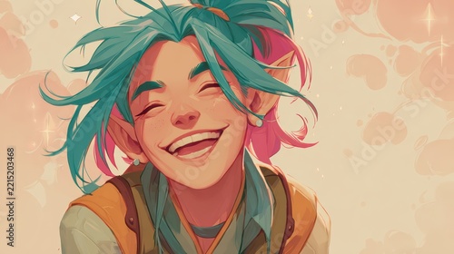 Full body smiling elf character with vibrant fantasy tones, clean minimal background, soft light 