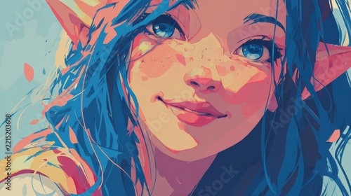 Magical elf girl glowing with colorful energy, vibrant fantasy art style, high detail, aesthetic composition