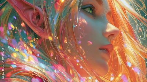 Magical elf girl glowing with colorful energy, vibrant fantasy art style, high detail, aesthetic composition