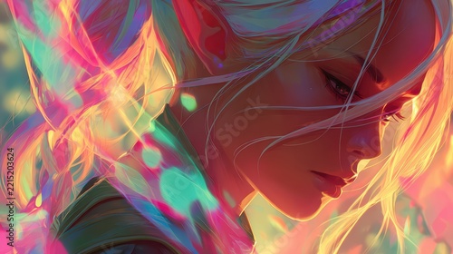 Magical elf girl glowing with colorful energy, vibrant fantasy art style, high detail, aesthetic composition