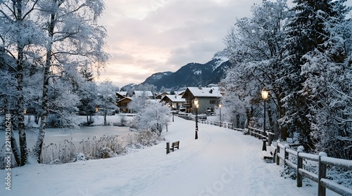 Scenic Snow Covered Walkway Along Frozen Lake in Alpine Village at Dusk