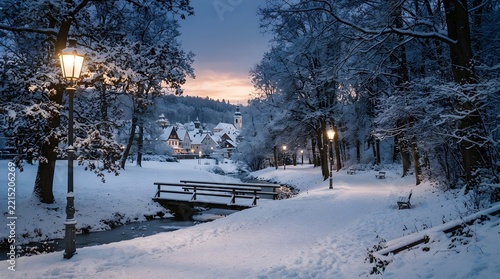 Scenic Snow Covered Park Path at Twilight with Glowing Street Lanterns and Wooden Bridge