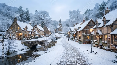 Charming Snow Covered English Village Street with Historic Cottages, Stone Bridge, and Church