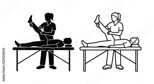 Physiotherapist stretching patient leg on table black and white illustration
