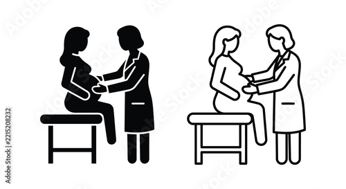Pregnant woman with doctor examining belly line art illustration