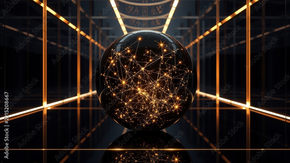 Fototapeta premium Dark room features glowing sphere, complex network inside. Reflections create symmetrical, futuristic visual. Minimalist design, intense contrast.