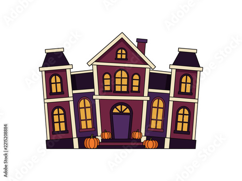 Cartoon haunted house illustration with glowing windows and spooky architectural details
