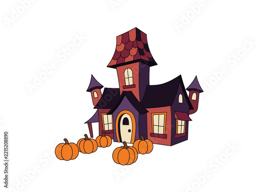 Whimsical haunted house illustration with pumpkins for halloween celebrations and spooky themes