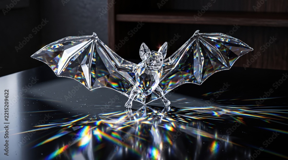 Fototapeta premium Crystal bat figurine on dark table. Faceted glass sculpture with rainbow light refractions