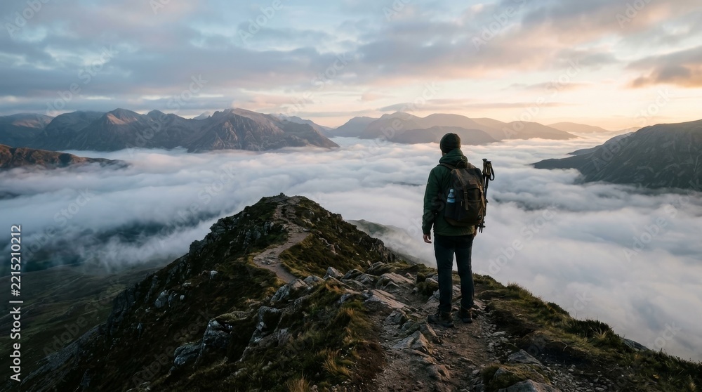 Obraz premium Male hiker standing on rocky mountain ridge above thick cloud inversion at sunrise