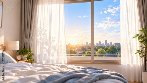 Bedroom Interior Background with Morning Sunlight and City View Through Large Window