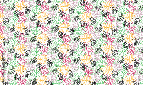 Colorful linear rowan leaves and black outline berries clusters on white. Autumn seamless floral pattern background for textile, fabric, design, art, interior, ceramic, wallpaper, paper decoration