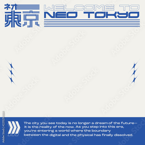 White Background with Neo Tokyo with Welcome Sign at top and Descriptions at Bottom, Cloud Dancer and Royal Blue Color Combination