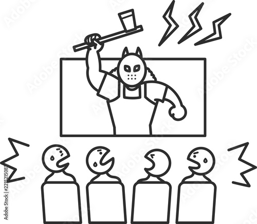 ホラー映画鑑賞のイラスト　線画のみ