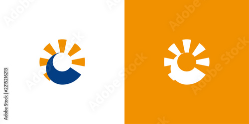 Dynamic sun logo. Abstract circular symbol with radiant shapes and energetic movement.